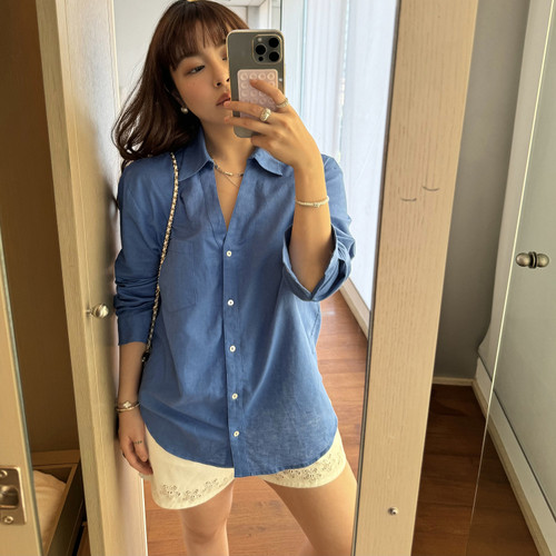 3ts夏季法式粉色亚麻衬衫高级感长袖薄款宽松设计感衬衣 - 图1