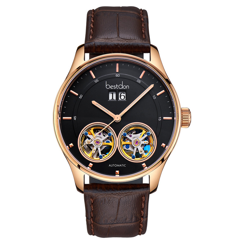 邦顿男士双陀飞轮镂空双历全机械表 邦顿骏钰国产腕表