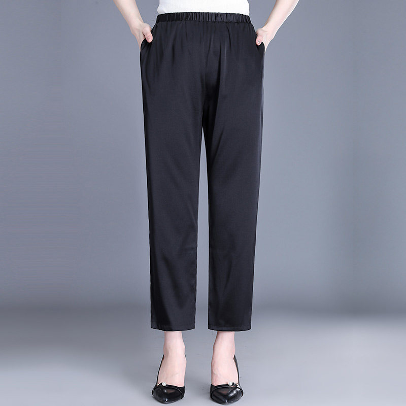 妈妈夏季宽松中老年老人真丝裤子 豪太太中老年女装