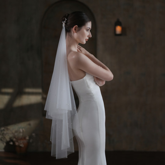 V840复古头饰头纱新娘主婚纱高级感法式双层婚礼珍珠长款头纱白色