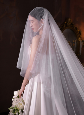 重工蕾丝拖尾遮面新娘主婚纱头纱