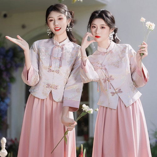 中式伴娘服出租赁2026新款夏季大码高级感缎面姐妹团婚礼服裙旗袍 - 图3