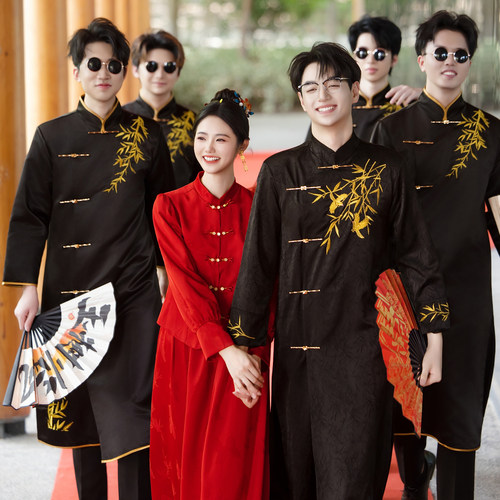新中式伴郎服2026新款兄弟装搞笑结婚礼服男士中国风旗袍唐装大褂 - 图2