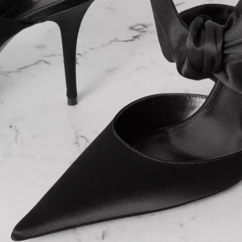 2025新款尖头细跟高跟鞋女黑色绸缎蝴蝶结包头凉鞋性感气质穆勒鞋,淘宝优惠券,粉丝福利购,淘宝优惠卷