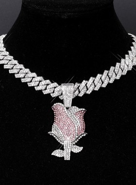 法式镶钻粉色玫瑰花吊坠情侣项链