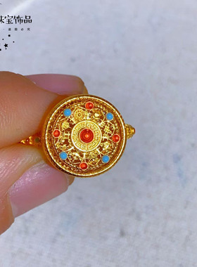 沙金黄色珐琅彩吉祥灵动八宝罗盘戒指时来运转轻奢百搭食指戒指