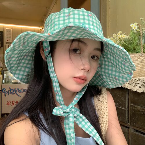 薄荷绿~陈奶奶韩系甜美格子绑带夏清新防晒渔夫帽子大帽檐遮阳帽 - 图1