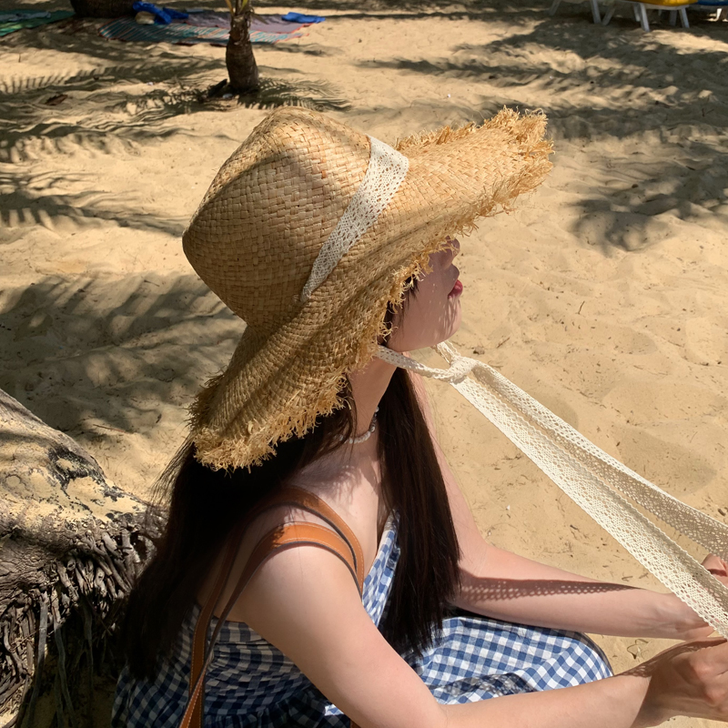 陈奶奶 法式蕾丝系带出游度假风草编遮阳帽子夏季拉菲草帽沙滩帽