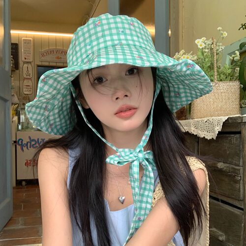 薄荷绿~陈奶奶韩系甜美格子绑带夏清新防晒渔夫帽子大帽檐遮阳帽 - 图0