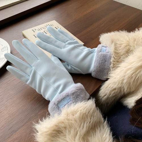 奶油系少女~陈奶奶简约治愈小熊加厚加绒保暖手套可触屏防水手套 - 图1