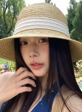 陈奶奶法式温柔白色织带草编帽女