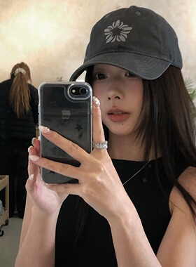 张元英同款十字花刺绣棒球帽子女显脸小百搭软顶鸭舌帽小众设计感