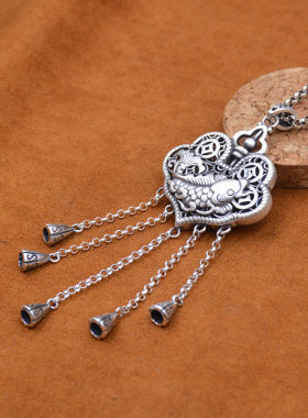 民族风复古平安长款流苏长命锁银