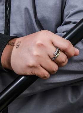 S925纯银黑神话悟空如意金箍棒戒指小众男女国潮复古祥云个性戒指