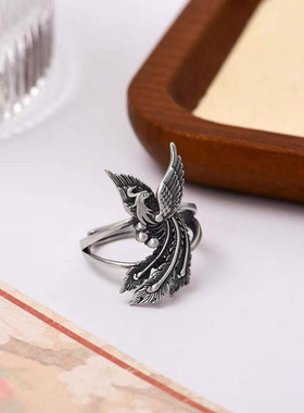 复古风做旧925纯银孔雀凤凰戒指女高颜值个性文艺范活口指环女戒