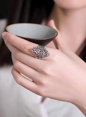 复古泰银日韩潮人开口戒指女个性简约夸张树叶镂空原创设计食指环