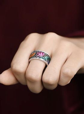 复古做旧国潮珐琅莲花锦鲤戒指女民族风文艺鲤鱼开口调节食指环男