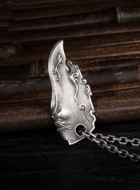 S925纯银原创复古风个性关公大刀吊坠项链男士霸气关羽武圣挂坠