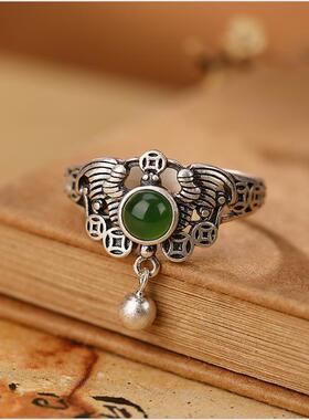 纯银复古铜钱南红玛瑙戒指