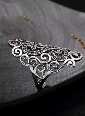 复古民族风食指戒指女藏银时尚个性轻奢高级感夸张大指环2024新款