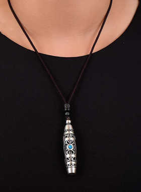 民族风西藏仿S925纯银招财绿松石三眼天珠吊坠项链复古男女士饰品