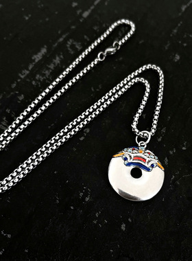 珐琅平安扣仿纯银吊坠貔貅项链男中式国潮风复古风双面饕餮纹项坠