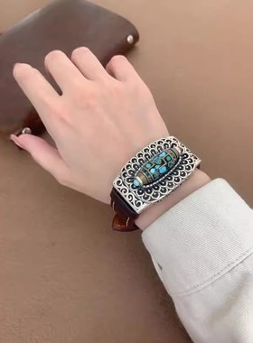 复古925银九眼转动天珠手链纯银男女新款绿松石万佛朝宗皮带手饰