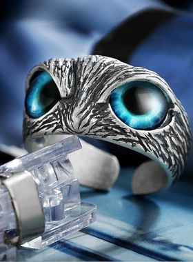 泰银复古恶魔之眼猫头鹰开口戒指