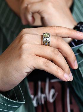 天然松石转动五帝钱戒指纯银男士复古个性食指开口指环国潮民族风