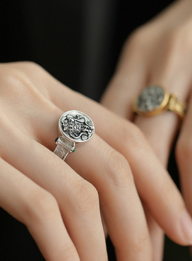 高定扎基拉姆唐草纹戒指女仿925纯银小众设计个性绿色滴胶指环