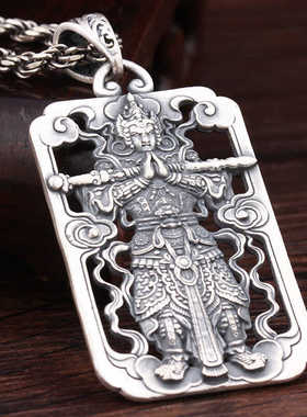 复古方牌仿纯银韦陀菩萨吊坠实心佛牌霸气个性百搭潮男士项链挂件