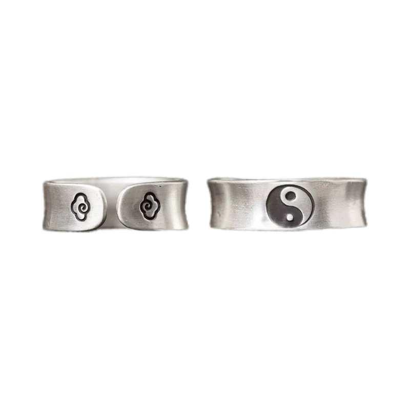 Nine-character mantra Ziwei taboo Tai Chi figure sterling silver ring for men and women, retro ethnic style, warrior open ring