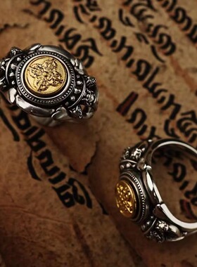 S925纯银复古莲花摩羯戒指男士个性时尚霸气可旋转镂空开口指环