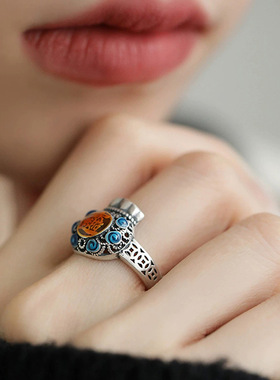 珐琅戒指女国风新中式复古镂空福袋铜钱民族风文艺范指环个性新款