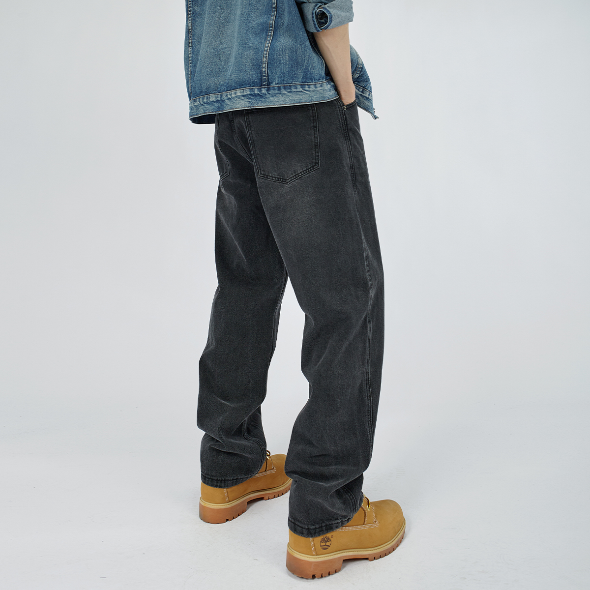 HAMB原创 2025秋冬新款美式复古洗水黑牛仔裤男加绒直筒宽松大码 - 图0