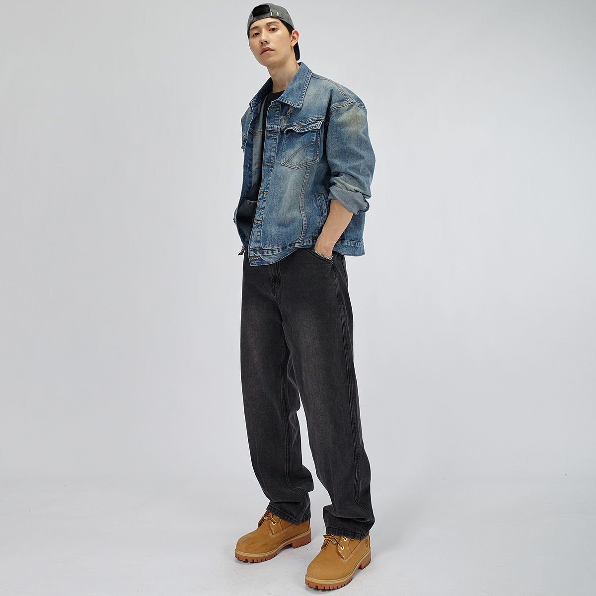 HAMB原创 2025秋冬新款美式复古洗水黑牛仔裤男加绒直筒宽松大码 - 图2