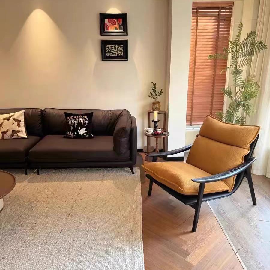 新款中古风单人沙发椅复古羊羔绒可拆洗客厅阳台实木休闲椅子 - 图1