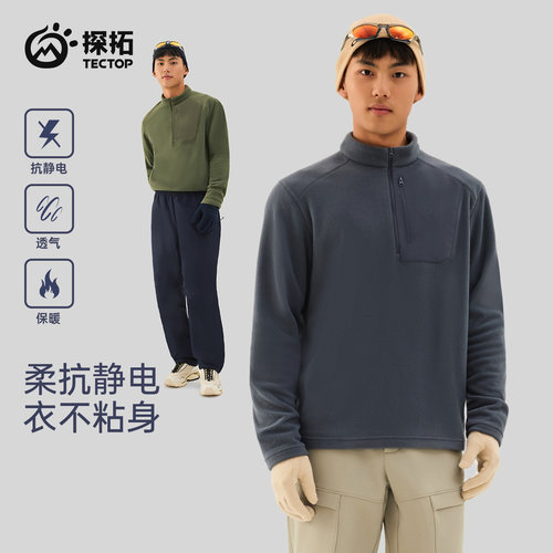 TECTOP/探拓户外男士抓绒衣秋冬保暖防静电宽松透气半开衫打底衫 - 图0
