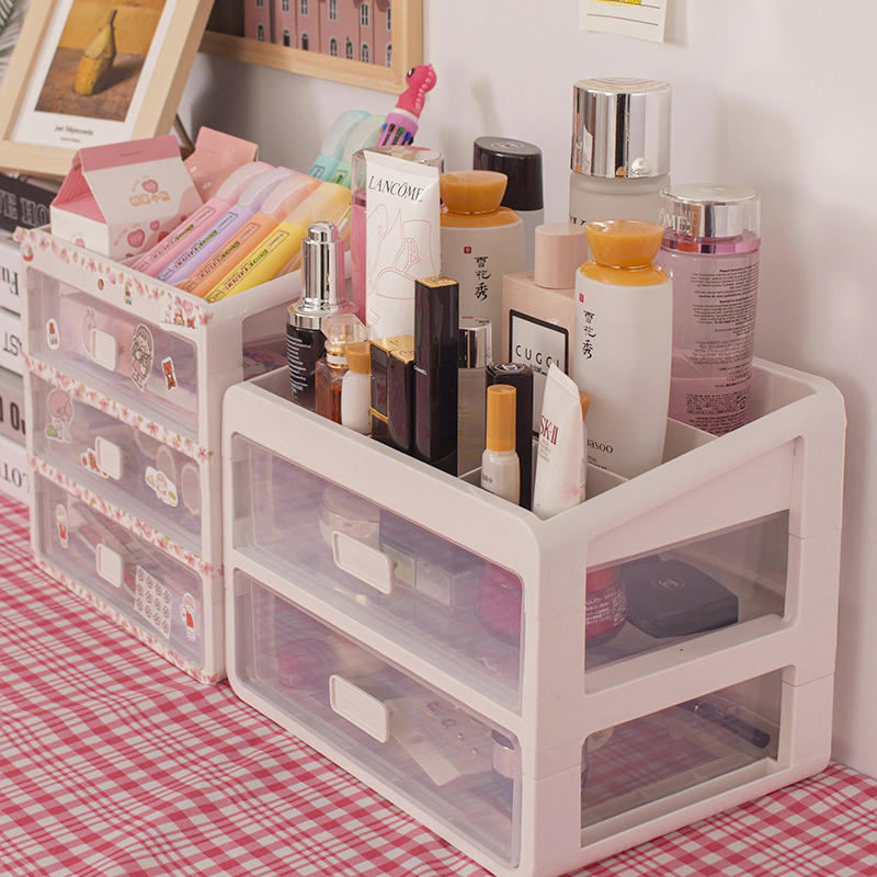 ins收纳盒学生桌面塑料抽屉式化妆品柜子少女文具办公书桌置物架 - 图0