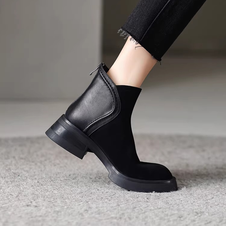 复古磨砂短靴女粗跟马丁靴女款2024新款圆头厚底秋冬加绒靴子 - 图1