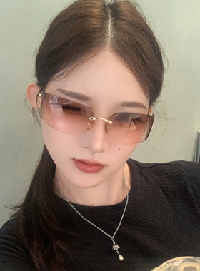 欧美女潮方圆脸显瘦辣妹墨镜Y2K轻奢千金风高级感无框茶色太阳镜