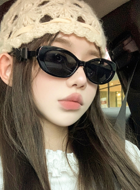 欧美椭圆猫眼黑框墨镜女方圆脸显瘦复古防紫外线时髦蝴蝶结太阳镜