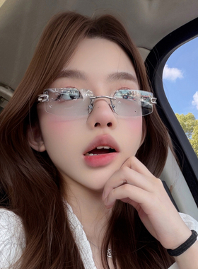 韩系氛围感无框浅蓝色太阳镜女显脸小时尚ins风凹造型街拍墨镜潮