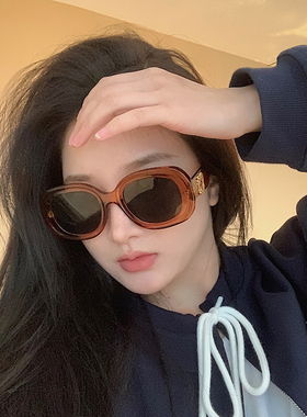 欧美椭圆茶色太阳镜女方圆脸显瘦
