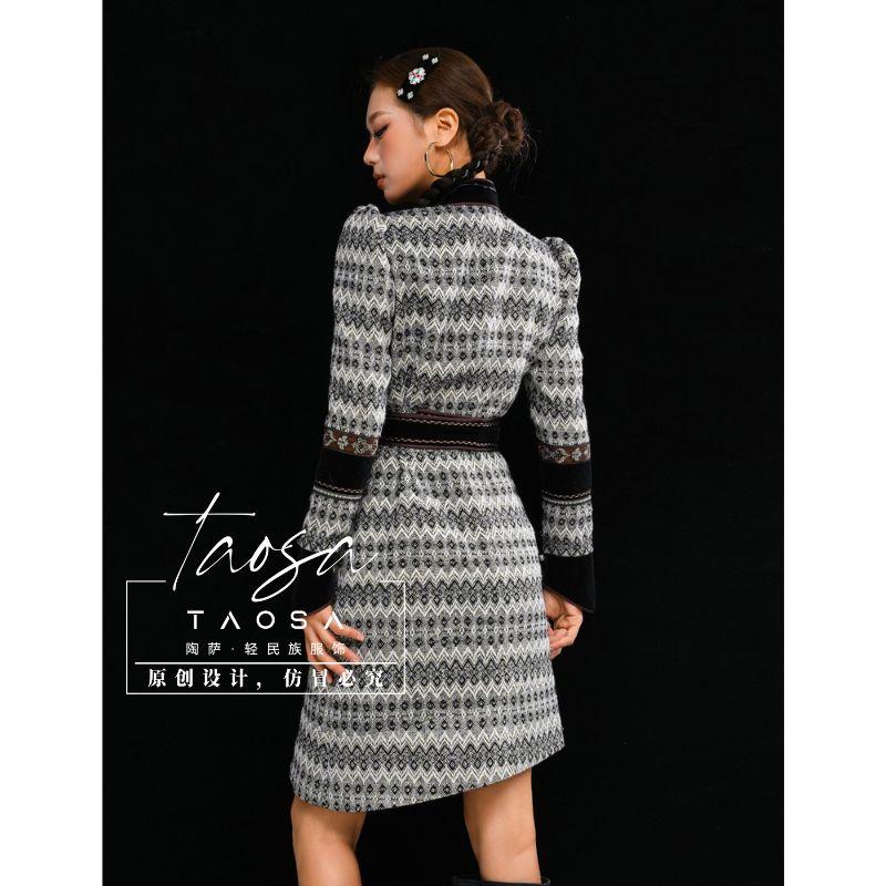 【陶萨】黑白箭菱民族连衣裙秋冬粗花呢长袖女小香风宴会 - 图3