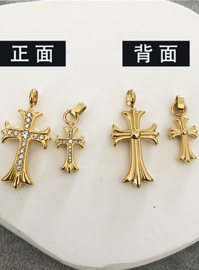 不掉色钛钢双十字架镶钻吊坠项链男女金色小众轻奢嘻哈毛衣链配饰