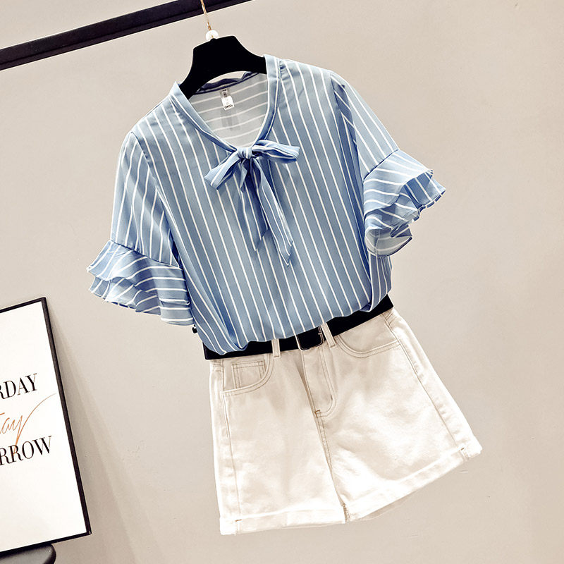 雪纺短袖女装夏季2020年新款衬衫 saronala莎欧娜拉蕾丝衫/雪纺衫