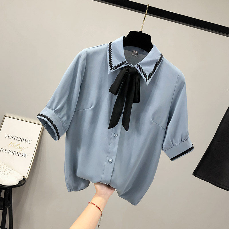 设计感小众简约女士雪纺短袖2020年 saronala莎欧娜拉衬衫