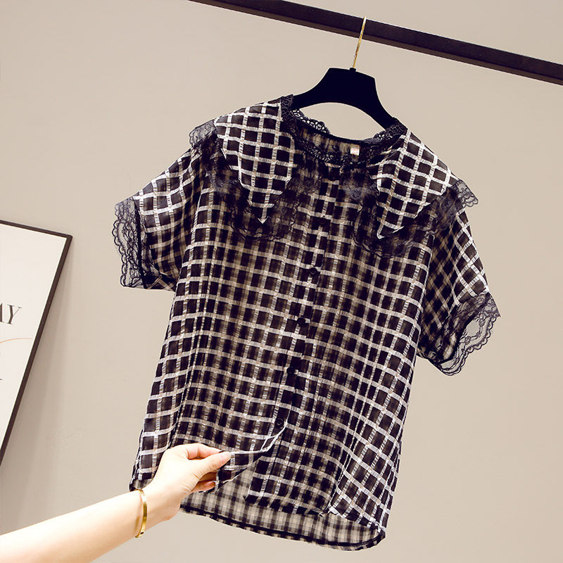 2020年新款夏季女装短袖雪纺衬衫 saronala莎欧娜拉蕾丝衫/雪纺衫