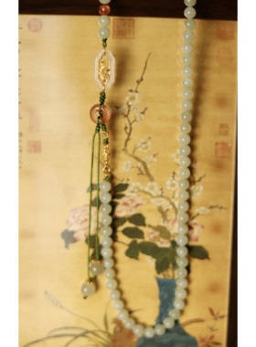 新中式和田玉南红长款银镀金颈链